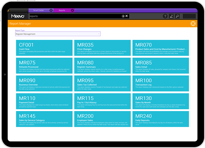 Meevo Register Summary report on ipad
