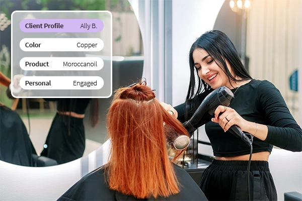 Stylist blowdrying client hair