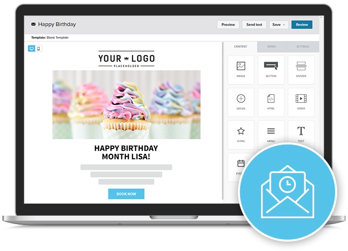 Meevo Email Campaigns for Happy Birthday Month shown on a laptop