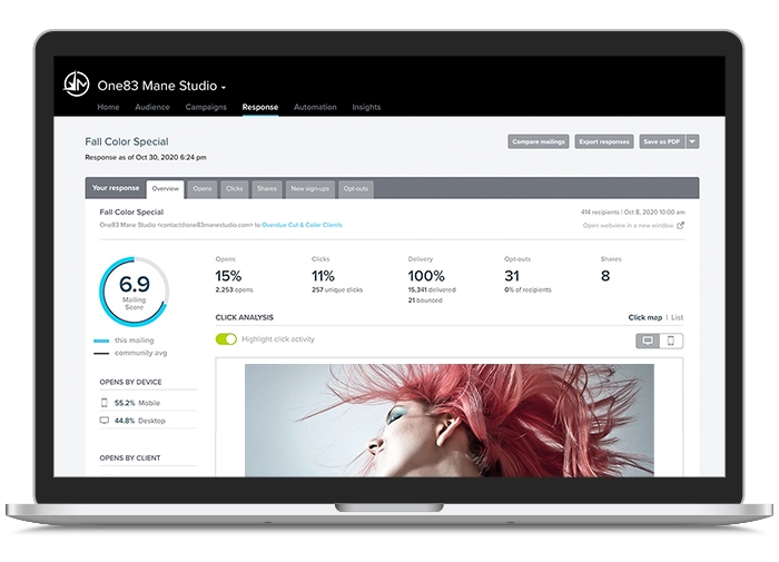 Meevo Marketing email analytics on a laptop