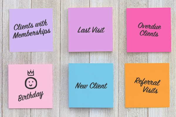 Meevo Marketing Filters: Clients with Memberships, Last Visit, Overdue Clients, Birthday, New Client, Referral Visits